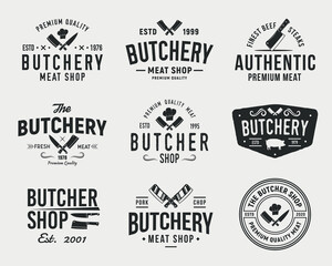 Canvas Print - Butcher, Meat shop logo set. Set of 9 meat logo templates for Steak House, Meat shop, butchery emblems. Meat business logo templates. Trendy vintage hipster design. Vector illustration