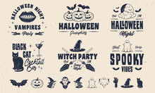 Vintage Logo Templates And 10 Design Elements For Halloween Design. Halloween Spooky And Funny Emblems Templates. Bat, Witch, Pumpkin, Vampire, Ghost, Zombie Hand, Witch Hat Icons.Vector Illustration