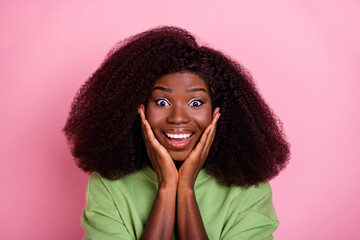 Poster - Photo of impresssed wavy hairdo brunette lady hands face wear green sweater isolated on pink color background