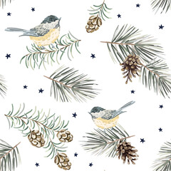 Wall Mural - christmas seamless pattern, titmouse birds, green twigs, pine cones, stars, white background. vector