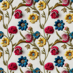 Embroidery floral seamless pattern. Embroidered flowers repeating fabric backdrop. 3D illustration.