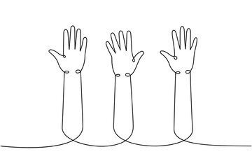 Raised hands one line continuous drawing. Voting, volunteering continuous one line illustration. Vector minimalist linear illustration.