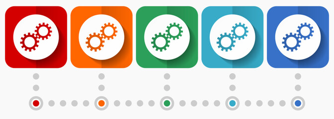 Poster - Gears, cogwheel vector icons, infographic template, set of flat design symbols in 5 color options