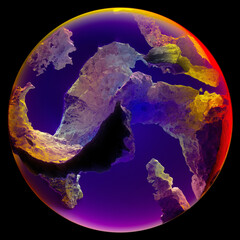 Wall Mural - 3d render of abstract art 3d glass ball or sphere planet with rough rock surface inside with big crack in the middle with glowing neon purple red and yellow light inside on isolated black background 