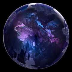 Wall Mural - 3d render of abstract art 3d glass ball or sphere planet with translucent rough rock surface with big cracks in the middle with glowing mystic neon purple and blue light inside on black background