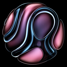 3d Render Of Abstract Art Of Surreal 3d Ball Or Sphere In Curve Wavy Round And Spherical Lines Forms In Transparent Plastic Material With Glowing Purple Rose And Violet Color Core On Black Background