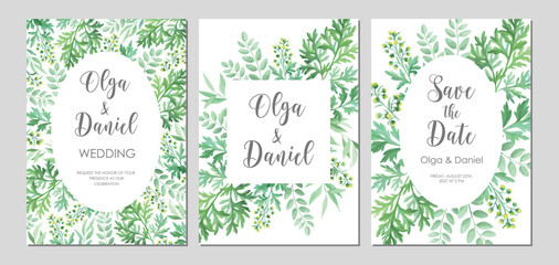 Wall Mural - Greenery wedding invitation template. Invite card with place for text. Floral frame with sagebrush and wild herbs. Vector illustration.