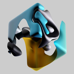 3d render of abstract art with surreal cube box or square shape object in curve wavy liquid organic lines forms in aluminum metal in azure blue and yellow gold gradient color on grey background