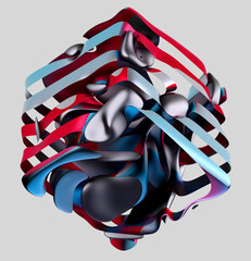 3d render of abstract art with surreal cube or square shape object in curve wavy liquid organic lines forms based on metallic stripes in red blue and purple gradient color on grey background