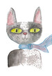 Illustration, grey cat with big green eyes. Watercolor, childhood, sweet, fun.