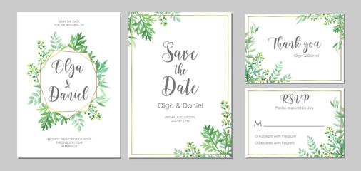 Wall Mural - Wedding floral invitation thank you, RSVP card. Template with place for text. Floral frame with sagebrush and wild herbs. Vector illustration.