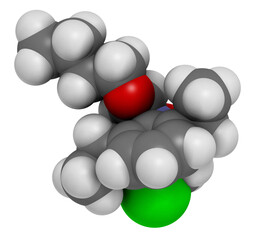 Sticker - Butachlor herbicide molecule, 3D rendering.