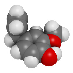 Sticker - Eugenol herbal essential oil molecule. Present in cloves, nutmeg, etc, 3D rendering.