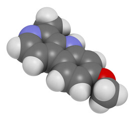 Poster - Harmine alkaloid molecule. Herbal inhibitor of monoamine oxidase A. (MAO-A), 3D rendering.