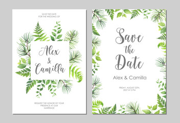 Wall Mural - Greenery wedding invitation template. Invite card with place for text. Floral frame with pine, fern and wild herbs. Vector illustration.