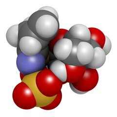 Sticker - Sinigrin glucosinolate molecule. Present in some cruciferous vegetables (Brussels sprouts, broccoli, black mustard, etc), 3D rendering.