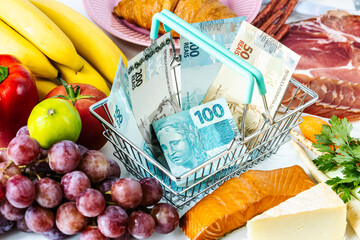 Wall Mural - increase in food prices in Brazilian stores, The concept of rising inflation, fruits, vegetables, meat, cheese and inside a shopping basket with money from Brazil