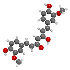 Poster - Curcumin turmeric spice molecule, 3D rendering. Atoms are represented as spheres with conventional color coding: hydrogen (white), carbon (grey), oxygen (red).