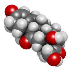 Sticker - Cortisone stress hormone molecule, 3D rendering. Atoms are represented as spheres with conventional color coding: hydrogen (white), carbon (grey), oxygen (red).