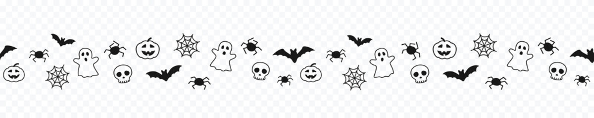 Happy Halloween seamless pattern or border with black bats, spider web, ghost and pumpkins. Vector illustration, kids party element decor isolated on transparent background
