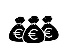 Three Money Bags Black Filled Vector Icon On A White Background, Sacks With Euro Sign