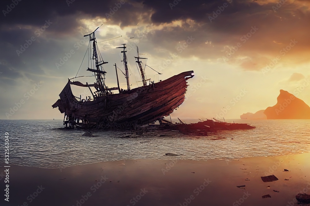 Old broken ship on the shore of the sea beach under the sky with heavy dark clouds 3d illustration