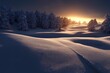 Winter forest with snowdrifts, trees with white tops at sunset of the bright sun 3d illustration