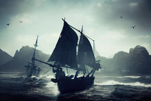 Pirate Ships In A Rough Sea With High Waves Under A Sky With Gray Heavy Clouds 3d Illustration