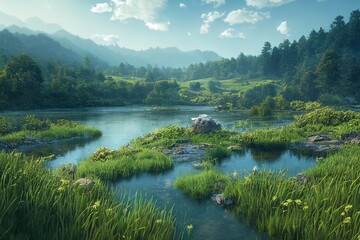 Poster - Summer landscape, a valley with a lake, rocks, a green field with lush grass under a blue sky 3d illustration