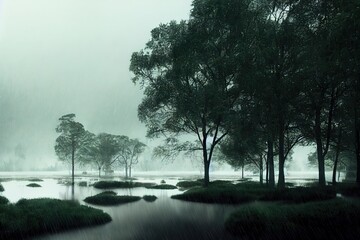 Poster - Summer rain nature landscape, green trees with a lake, puddles and bushes under a gray sky 3d illustration