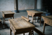 Antique Desks At A Temple In Huangshan, Anhui, China.