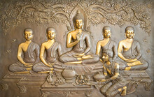 Buddha Wooden Carving.Mural Paintings Tell The Story About The Buddha's History