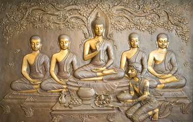 buddha wooden carving.Mural paintings tell the story about the Buddha's history