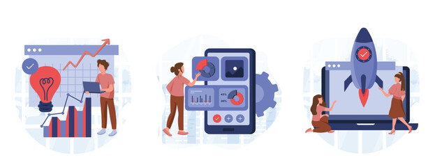 Wall Mural - business illustration set. characters planning, prototyping and testing startup ideas and analyzing 