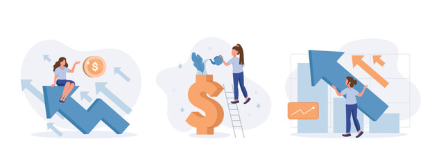 Wall Mural - Finance growth illustration set. Characters analyzing investments, celebrating financial success and money growth. Money increasing concept. Vector illustration.