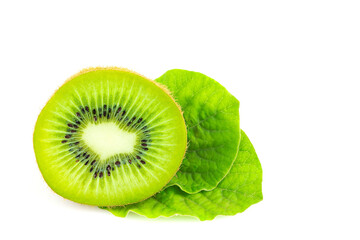 Wall Mural - Ripe whole kiwi fruit and half kiwi fruit and green leaves isolated on white background