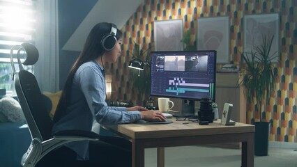 Wall Mural - asian woman sitting at the desk in headphones at home office and editing video for blog in professio