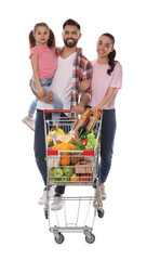 Poster - Happy family with shopping cart full of groceries on white background