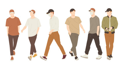 Wall Mural - set of mans posing walking in stylish casual outfits. people flat design illustration