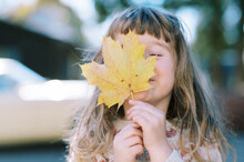 Little Toddler Girl In Sweater Holding A Yellow Maple Leaf In Fall