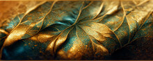 Spectacular Realistic Detailed Veins And Half Green And Gold Abstract Close-up, Leaf Covered With Gold Dust. Digital 3D Illustration. Macro Artwork.