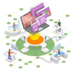 Flat isometric  concept of software development, teamwork.