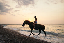 Young Woman Riding A Horse On The Beach