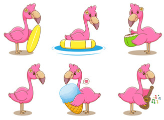 Wall Mural - Cute flamingo summer activities. flamingo swimming, surfing, drinks coconut, eating ice cream, playing guitar. Animal summer concept design. Isolated white background. Vector art illustration.