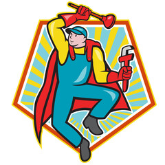 Sticker - Super Plumber Plunger Wrench Cartoon