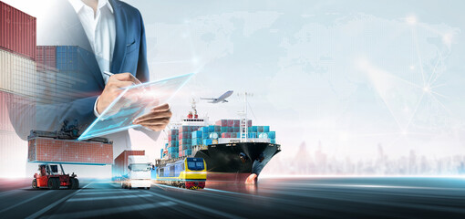Wall Mural - Business and technology digital future of cargo containers logistics transportation import export concept, Manager using tablet online tracking control delivery distribution on world map background