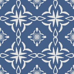 Ethnic geometric floral pattern. Illustration ethnic blue-white color geometric floral shape seamless pattern background. Ethnic pattern for fabric, interior decoration, upholstery, wrapping.