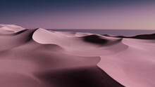 Undulating Sand Dunes Form A Beautiful Desert Landscape. Dusk Background With Pink Lavender Gradient Starry Sky.