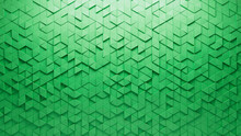 Triangular, Green Wall Background With Tiles. Futuristic, Tile Wallpaper With Polished, 3D Blocks. 3D Render