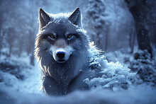 Majestic Gray Wolf Sitting Down Surrounded By Magical Snow. Majestic Wolf In Snow Woods. 3d Illustration